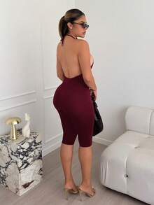 Maria Perezxox 无缝针织露背性感连体裤 - 酒紅色 - 查看 2