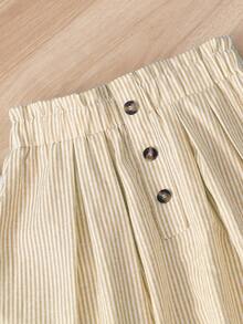 SHEIN 女童休闲圆领短袖T恤，饰有蝴蝶结和人像图案，搭配条纹纽扣装饰长裙，夏季款 - 黃色 - 查看 4