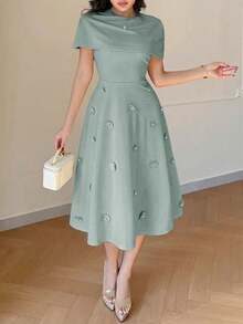 Modelyn Women's Fashionable Elegant Pearl Embellished Short Sleeve Mini Dress - Green - View 3