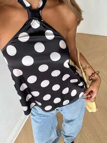 SHEIN EZwear 女款黑白波點緞面掛脖上衣 - 黑與白 - 查看 3