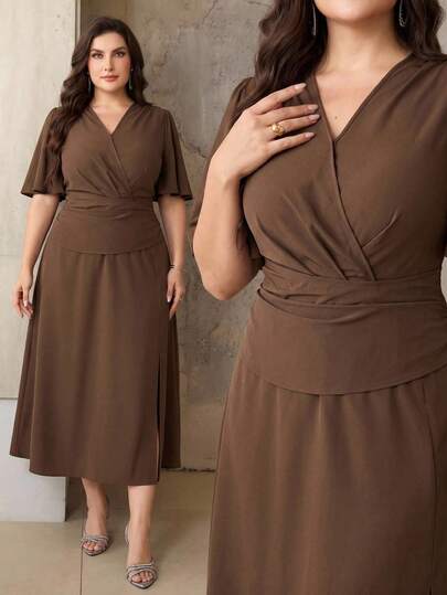 Modelyn Plus Size Elegant Solid Color Waist Cinched Dress, Summer
