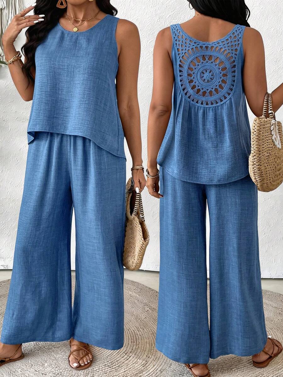 Breezaya Plus Size Women 2pcs Set Hollow-Out Vest And Loose Pants - Blue - View 1