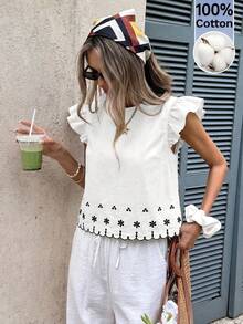 Serisse Women's Floral Print Round Neck Cap Sleeve Blouse,Summer Top Elegant - White - View 7