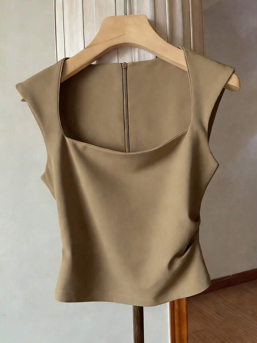 Resyla Women's Khaki Solid Color Zipper Back Pleated Waist Sleeveless Tank Top - Khaki - View 1