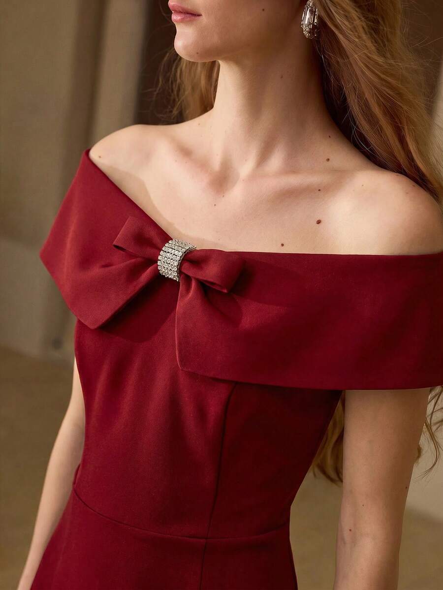 MOTF PREMIUM ELEGANT OFF SHOULDER CONTRAST COLOR DRESS FOR WEDDING PARTY - Burgundy - View 1