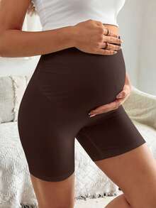 SHEIN Maternity Solid Color Elastic Adjustable Waist Ruched Leggings Shorts Gym Brown Sommar Casual - Brown - View 5