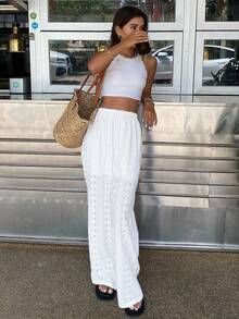 Livesso Women's Solid Color Hollow-Out Embroidery Casual Elastic Waist Long Pants Summer - White - View 2