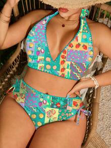 SHEIN Swim Curve 大尺碼女款性感比基尼兩件式泳衣，特殊面料花卉飾邊，海灘派對度假泳裝 - 淺藍色 - 查看 5