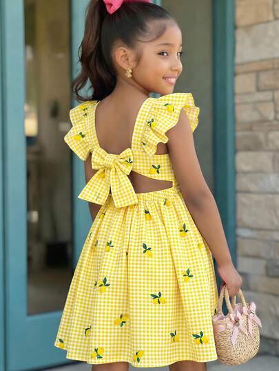 SHEIN Kids Young Girl Yellow Plaid T With Lemon Print For Vacation Style Cute Vacation Dress Young Girls Yellow Gingham Lemon Print Summer Dress With Back Tie Bow Detail For Playful OutfitsSmart Young Girls Summer Outfit Yellow Gingham Dress With Cute Lemon Pattern And Charming Back Bow Accent Playful Lemon Print Gingham Summer Dress For Young Girls Adorable Ruffle Sleeves And Back Bow Design Lemon Dress For Girls Summer Dress For Girls Kids-Young Girls Clothing-Young Girls Dresses Kids-Young Girls Clothing-Young Girls Sets-Young Girls T-Shirt Co-Ords Kids-Tween Girls Clothing-Tween Girls Sets-Tween Girls T-Shirt Co-Ords Waist Line: High Waist Drsee
