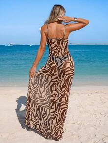 Swim Lushoire Váy áo hai dây mỏng in họa tiết gợi cảm dành cho nữ, thích hợp cho kỳ nghỉ biển. - màu nâu - Xem 2