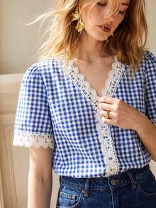 Écloséra Áo sơ mi cotton kẻ caro dệt jacquard, áo sơ mi xanh dương có viền bèo nhún, áo tay lửng, áo sơ mi nữ mùa xuân, hè, thu, đông. - Màu xanh lam - Xem 3