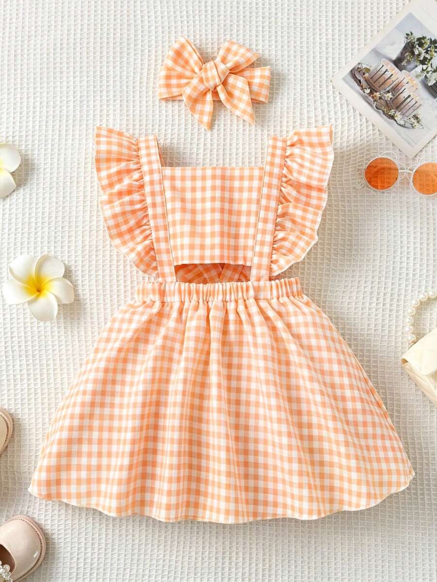 SHEIN Vintaside Kids Young Girl Summer Casual Plaid Flutter Sleeve Dress