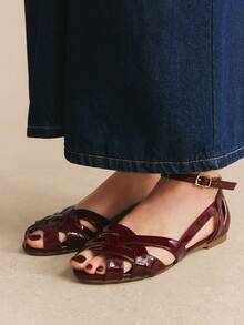 Rosivie Giày sandal nữ dệt rỗng, mũi vuông kiểu La Mã cổ điển, sandal đế bằng da bóng màu đỏ tía có khóa cài, giày đi làm hàng ngày, giày đi biển. - Rượu vang đỏ - Xem 5