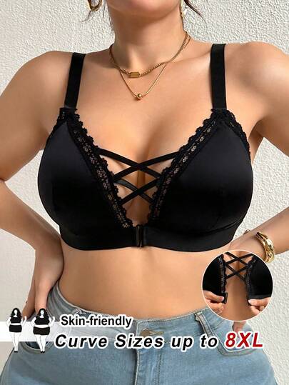 SHEIN CURVE+ 1件大码女式无钢圈蕾丝边交叉吊带背心