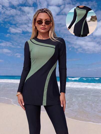 Swim Mulvari Hot Selling Beach Vacation Graphic Print Long Sleeve Round Neck Elastic Waist Pants, Summer Outfit Set