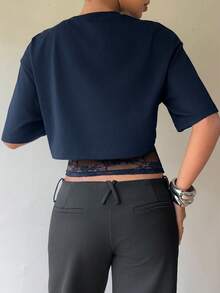 Siren Gaze 2合1設計女款蕾絲拼接2合1短袖T恤，夏季Y2K休閒上衣 - 藏蓝色 - 查看 2