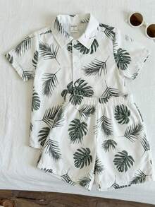 SHEIN 2件套男童休闲校服/度假印花衬衫短裤套装，适合通勤、上学、日常休闲、运动、演出、摄影、返校、度假、海滩等场合。 - 彩色 - 查看 6