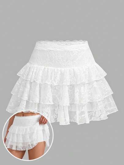 SHEIN Chân váy mini dáng chữ A nhiều lớp xếp ly lưới viền ren trắng cho thiếu nữ, có quần ngắn bên trong, chân váy tutu đa năng phù hợp cho mùa hè, thường ngày, thể thao, đi học, mọi mùa