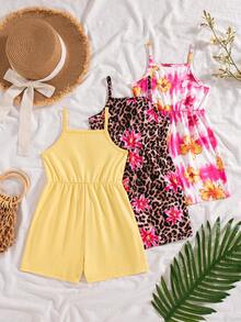 SHEIN 3pcs Young Girls Polyester Sleeveless Spaghetti Strap Full Print Casual Summer Rompers Jumpsuits Set - Multicolor - View 3