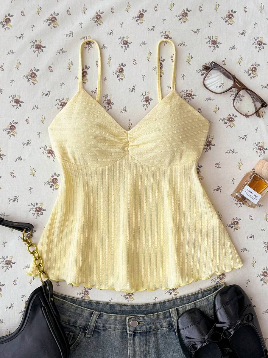 Teen Girl Girls Solid Yellow Textured Knit Fabric Summer Camisole,Elegant Color Suitable For Vacation,Casual,Home - Yellow - View 1