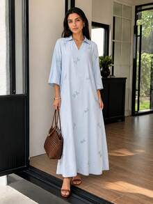 Solavon Vacation Embroidered Collar Metal Button Decor Women's Dress Garden Party Light Blue Autumn French Style - Blue - View 6