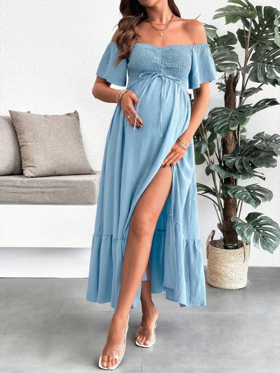 SHEIN Maternity Vacation Solid Color Off-Shoulder Shirred Design Side Slit Dress - Blue - View 1