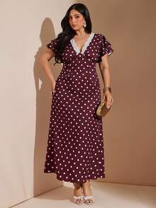 SHEIN BAE Femmes grande taille Imprimé floral à pois bourgogne col V en tissu - Multicolore - Voir 4