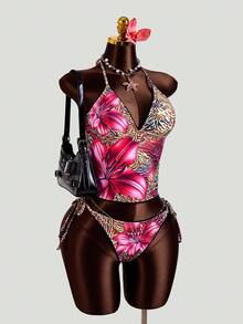 Swim Lushoire Sweet Cherry Plaid Bikini Set Beach White Summer Sequin Tropical - Multicolor - View 3