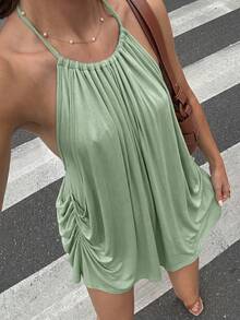 Firerie Women's Elegant Pleated Solid Color Halter Dress - Green - View 7