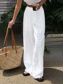 Livesso Women's Solid Color Hollow-Out Embroidery Casual Elastic Waist Long Pants Summer - White - View 5