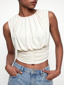 Maija Áo tank top nữ màu trơn cổ tròn xếp ly phong cách thường ngày, xuân/hè - trắng - Xem 3