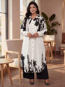 Auveirra Plus Size Women's Spring/Autumn Casual Vacation Style Floral Print Lantern Sleeve Curved Hem Extra Long Shirt And Wide Leg Loose Pants 2 Elegant - Multicolor - View 6