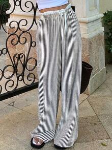 SHEIN X ITS MICH Livesso Casual Loose Women's Striped Straight Trousers With Waist Tie Fall - Black and White - View 3