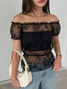 DAZY Women's Pastal Mesh Off-Shoulder Top Summer Golf Sexy Going Out Tops - Black - View 3
