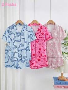 2 Pieces Summer Pajamas, Cute Graphic Lips And Bows Print Sleepwear, Light Pink Button-Down Lapel Top And Shorts, Home Wear For Tween Girl - Hot Pink - View 8