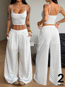 Coolane Conjunto de 2 piezas de moda para mujer con lunares, adecuado para primavera y verano, incluye camiseta y pantalones a lunares - Multicolor - Ver 4