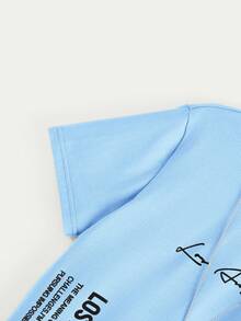 SHEIN Tween Boys' Casual Fashionable Street Style Slogan Print Short Sleeve T-Shirt, Daily Wear - Baby Blue - View 5