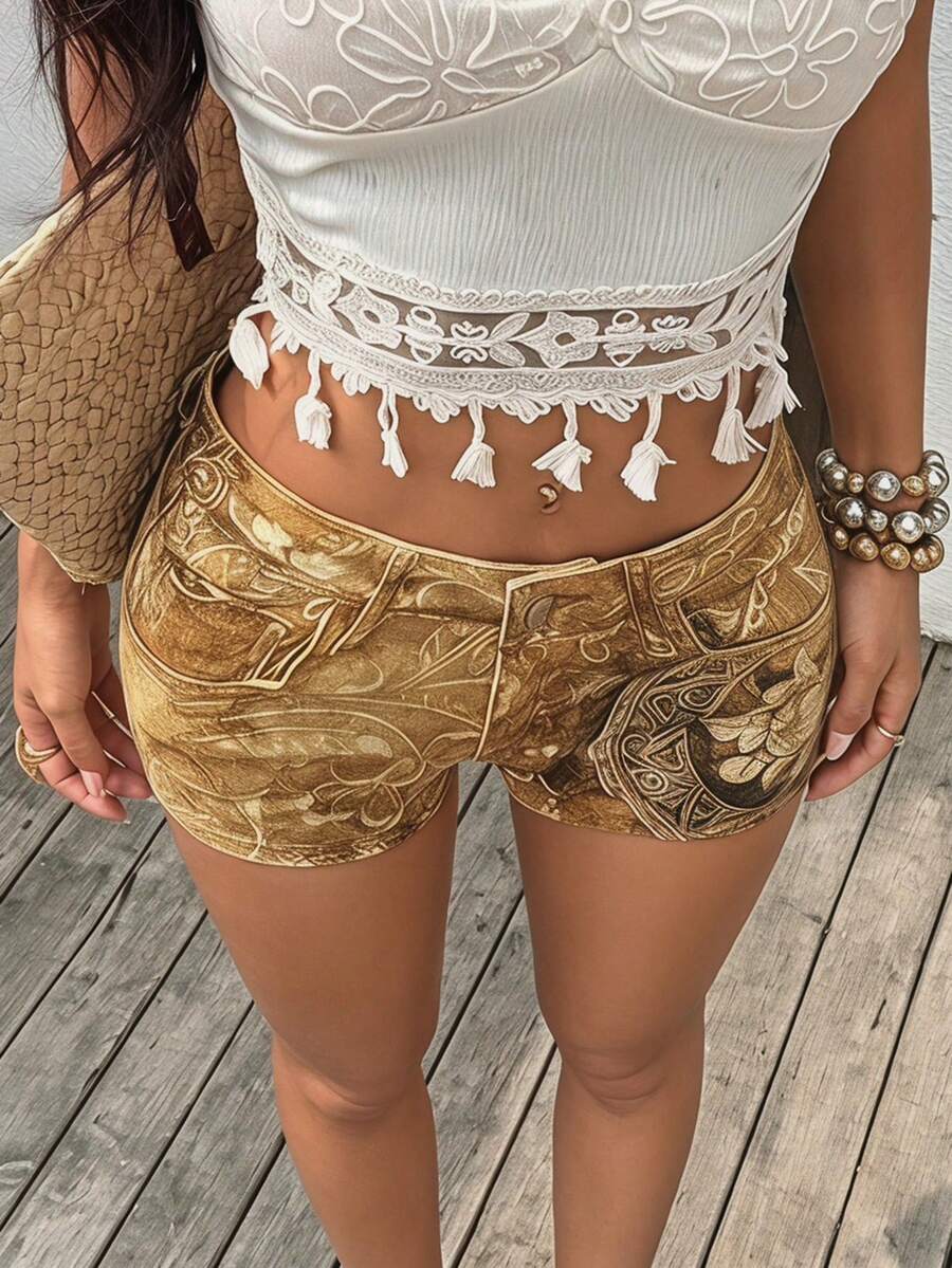 Jeanoix Pantalones cortos vaqueros de talle bajo con estampado floral retro para mujer, estilo Y2K - Multicolor - Ver 1