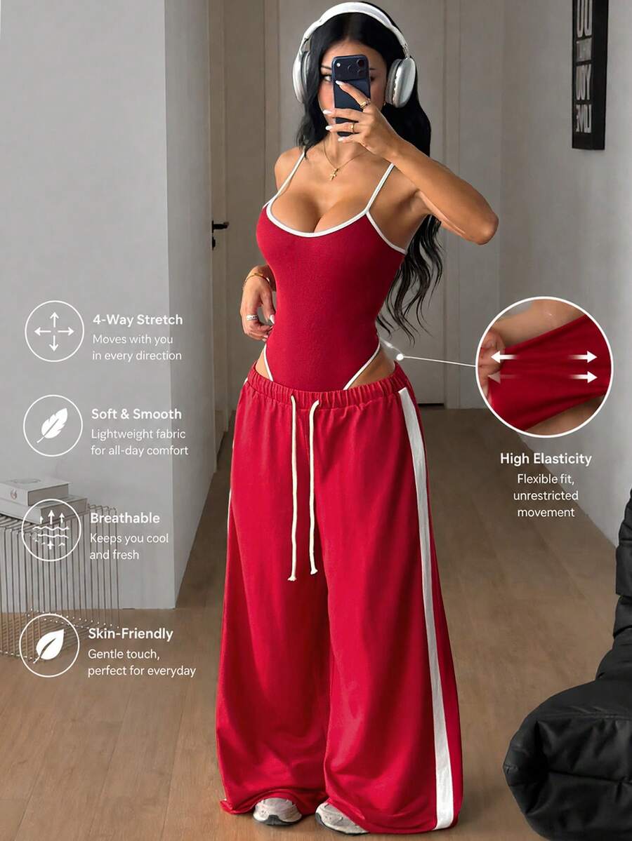 Coolane 女士夏季Y2K街头风休闲运动服日常简约运动套装弹力露背无袖连体衣和翻边阔腿运动裤红色2件套