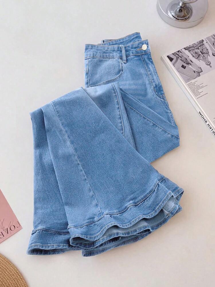 SHEIN LUNE CURVE Plus Size Women's Vintage Washed Denim Jeans, Spring/Summer - Light Wash - View 1
