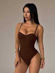 SHEIN PETITE Women's Solid Color Sexy Fashion Camisole Bodysuit - Coffee Brown - View 8