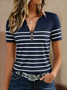 EMERY ROSE Women's V-Neck Short Sleeve Striped Print T-Shirt, Metal Zipper Design, Summer - Multicolor - View 3
