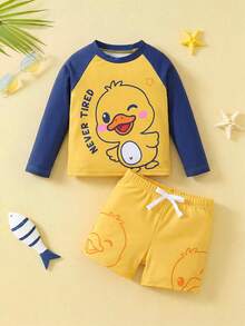 SHEIN 2pcs Baby Boy Knit Contrast Color Round Neck Cute Animal Pattern Casual Swimsuit Top And Swim Trunks Set - Multicolor - View 5