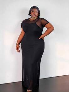 CurvyTilda Plus Size Women's Round Neck Mesh Panel Short Sleeve Dress With Colorblock Design - Black - View 3