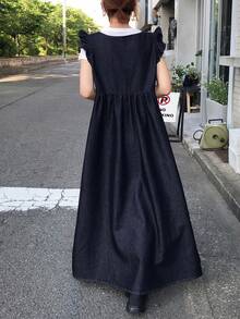 FRIFUL 女士V领荷叶边袖口牛仔连衣裙，休闲度假及日常通勤，夏季 - 藍色 - 查看 9