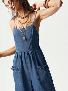 Bohemela Casual Solid Color Woven Loose Fit Women's Jumpsuit - Blue - View 2