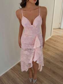 SHEIN Allurite Summer European And American Sweet Lolita Elegant Romantic Style Spaghetti Strap Multi-Layer Asymmetrical Patchwork Fishtail Pink Mesh Jacquard Dress - Pink - View 4