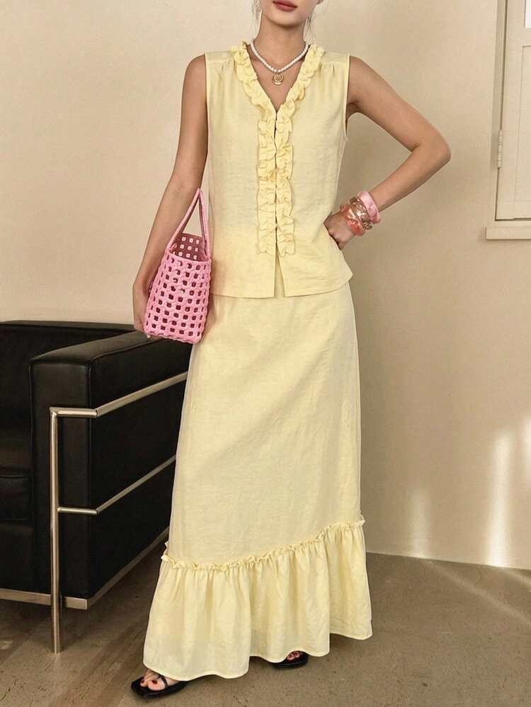 Spring & Summer Yellow Frill Trim Loose Vest & Skirt 2 Pieces Set, Vacation & Beach Style For Women Lounge Sets For Women