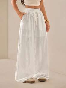 PETITE Pantalones casuales sueltos con bolsillos en diagonal y cordón en la cintura de unicolor - Blanco - Ver 5
