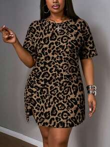 Slaydiva Plus Size Leopard Print Round Neck Short Sleeve Summer Dress, Suitable For Party - Multicolor - View 4